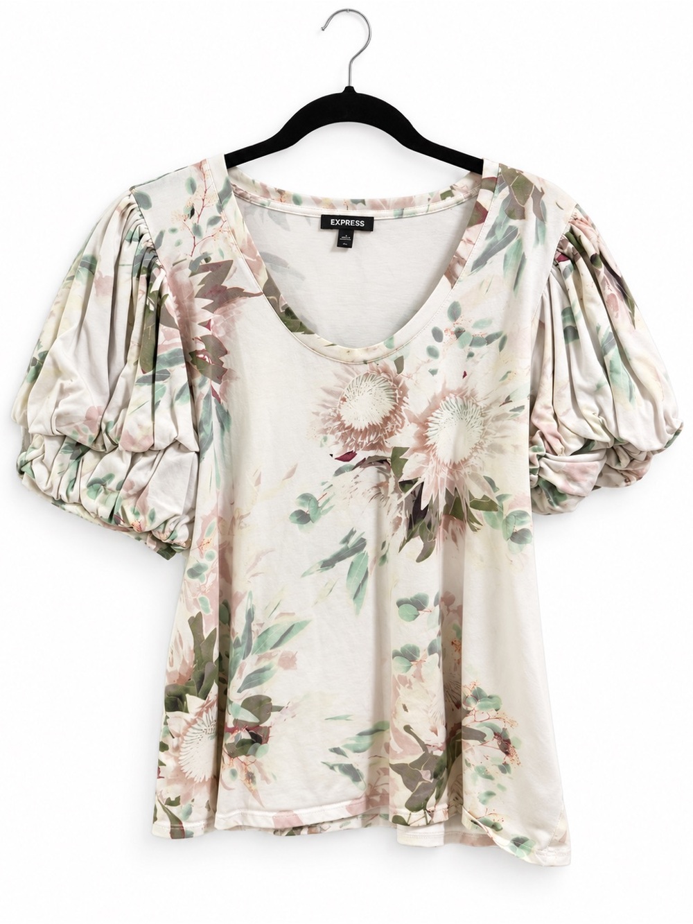 Express Women's Cream Floral Puff-Sleeve Tee